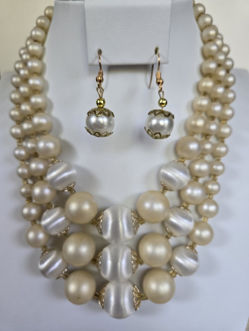 N-117-Vintage Japan Pearl-Inspired Multi-Strand Necklace & Drop Earrings - Cream
